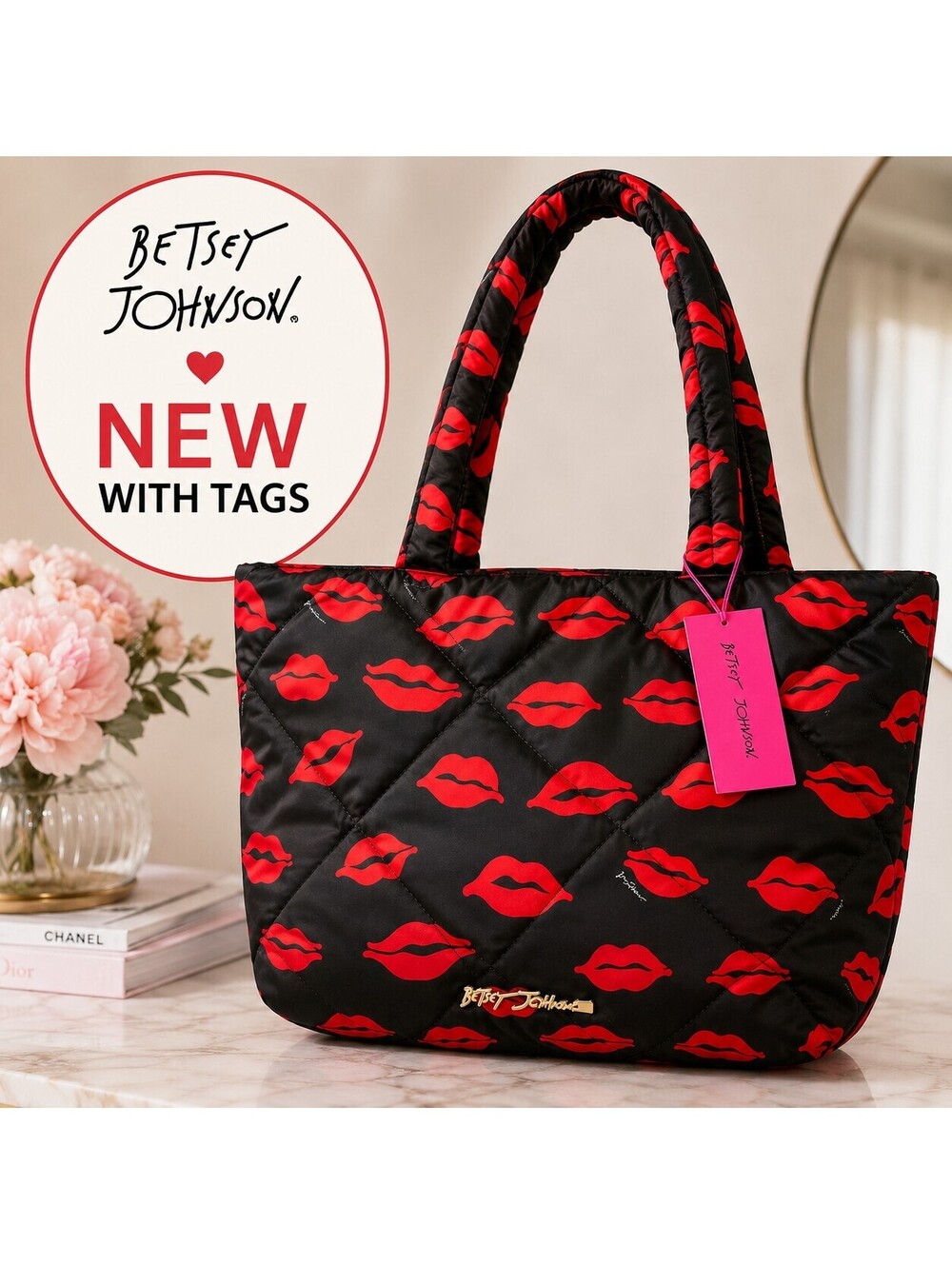 New With Tags | Betsey Johnson | Black Red Lips Print Tote Bag